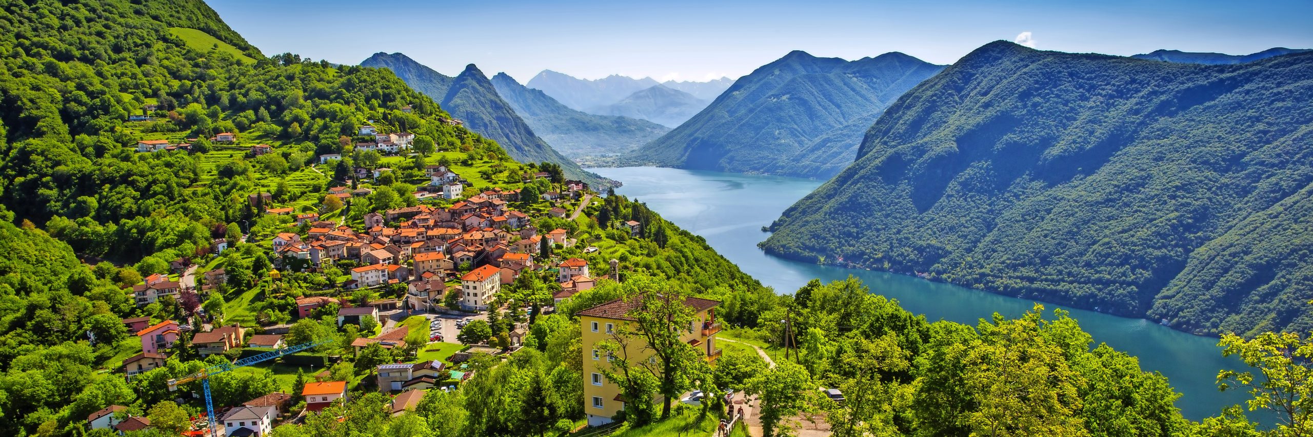 View to Lugano city, Lugano lake and Monte San Salvatore from Monte Bre, Ticino, Switzerland